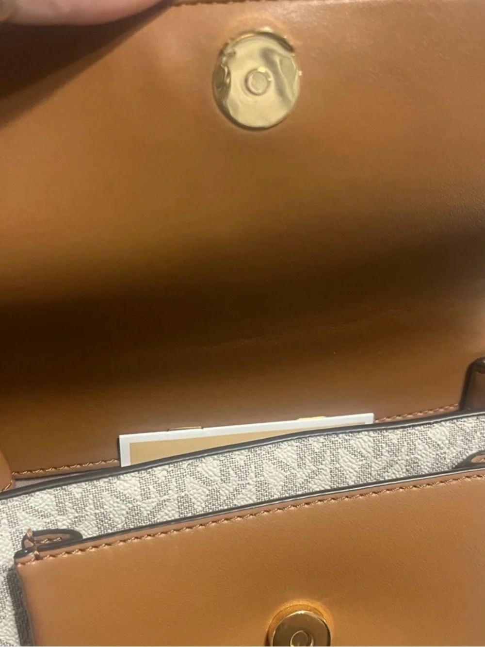 Michael Kors Cream Logo Crossbody with Tan Trim and Gold Chain